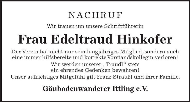 Traueranzeige Edeltraud Hinkofer