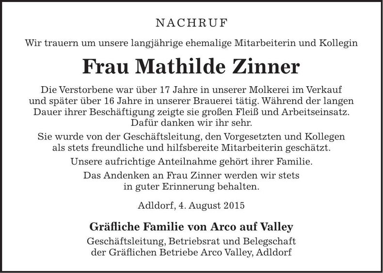 Traueranzeige Mathilde Zinner