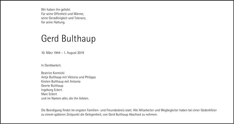 Traueranzeige Gerd Bulthaup