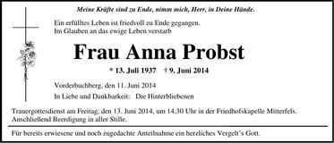 Traueranzeige Anna Probst
