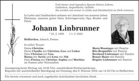 Traueranzeige Johann Linbrunner