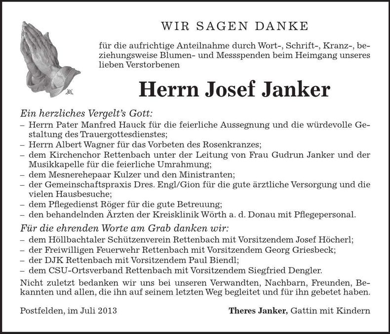 Traueranzeige Josef Janker
