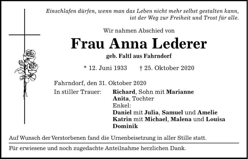 Traueranzeige Anna Lederer