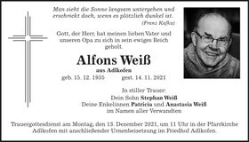 Traueranzeige Alfons Weiß