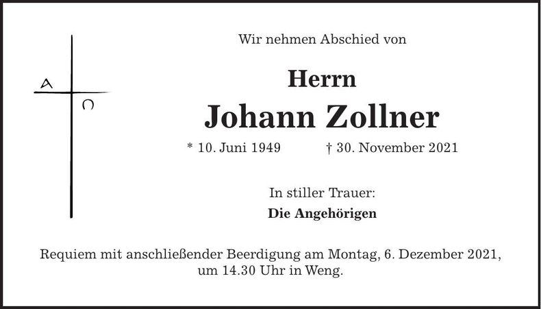 Traueranzeige Johann Zollner