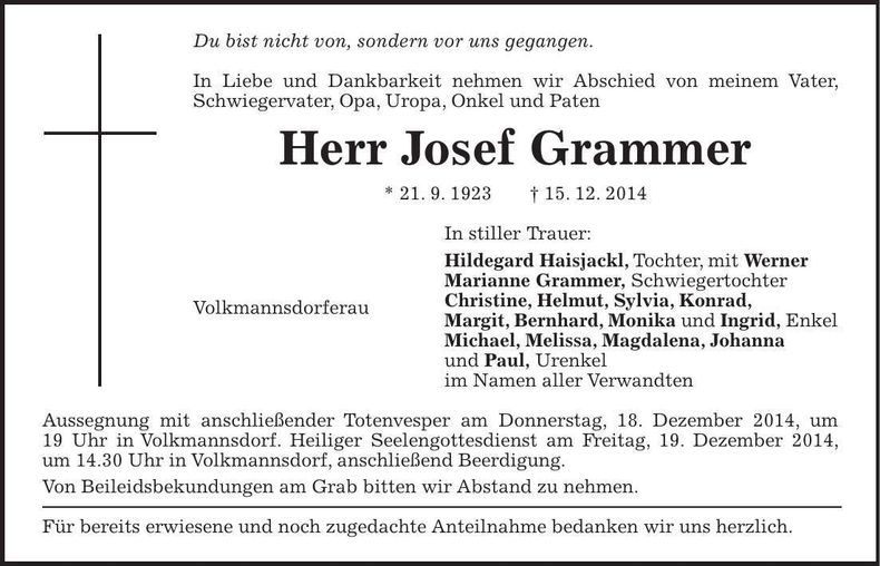 Traueranzeige Josef Grammer