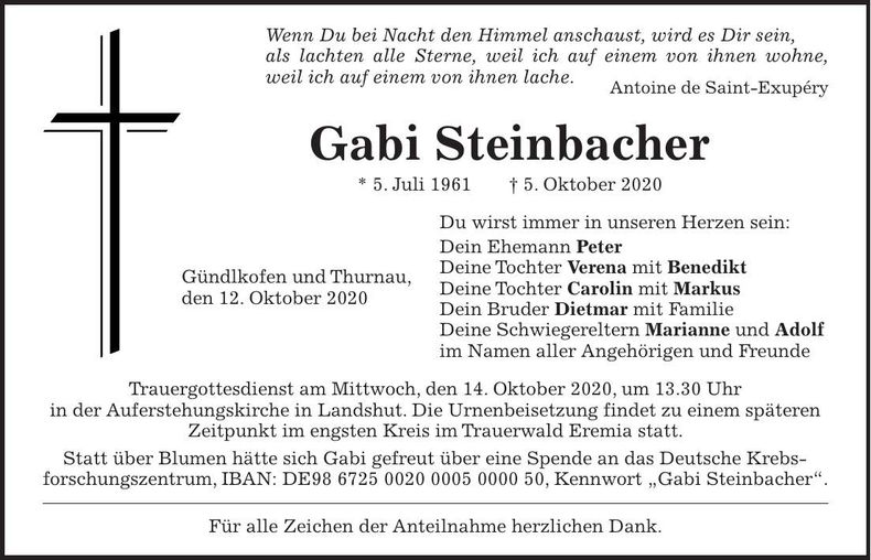Traueranzeige Gabi Steinbacher