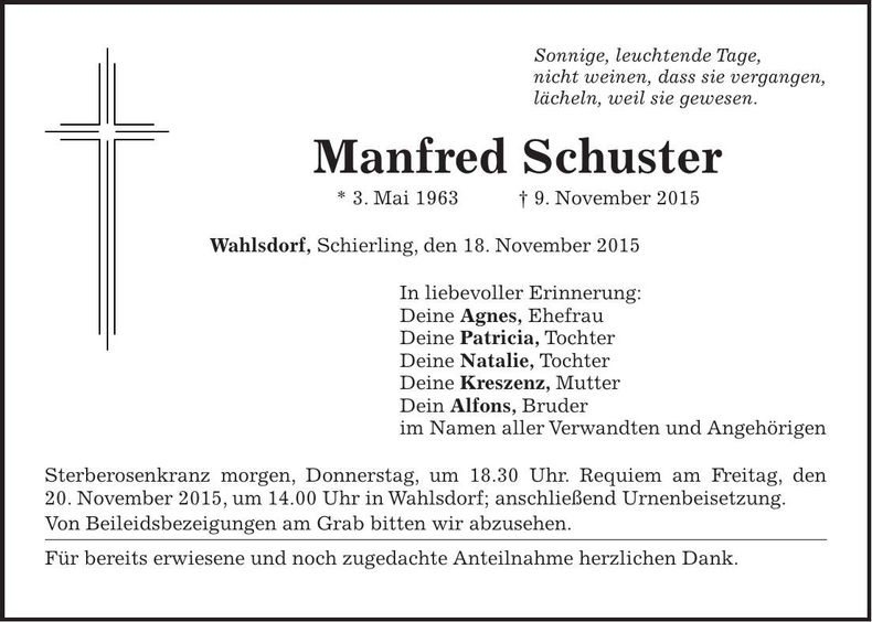 Traueranzeige Manfred Schuster