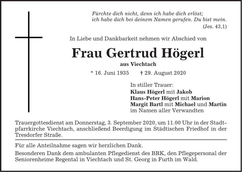 Traueranzeige Högerl Gertrud