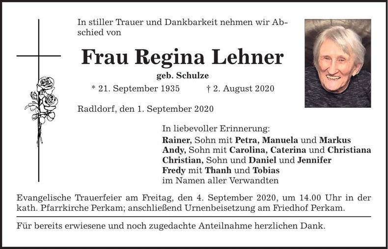Traueranzeige Regina Lehner
