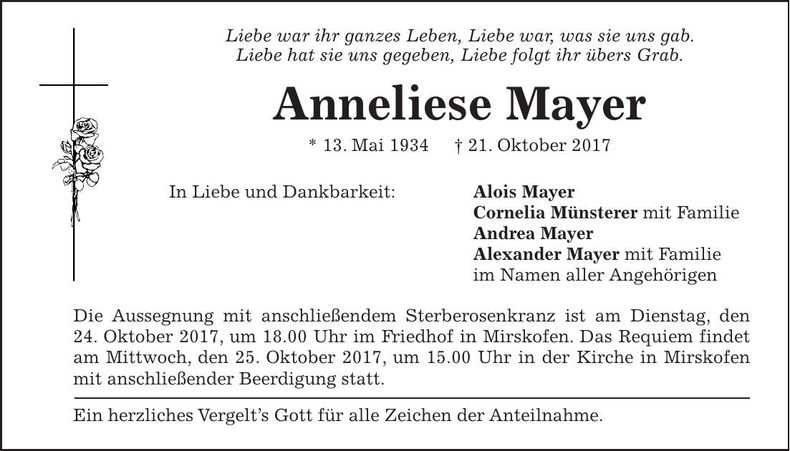 Traueranzeige Anneliese Mayer