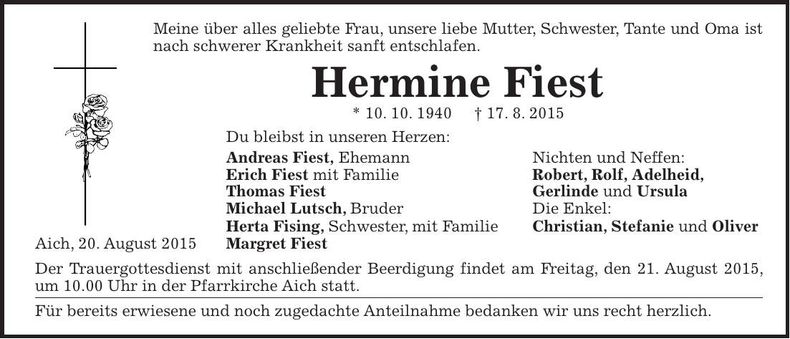 Traueranzeige Hermine Fiest