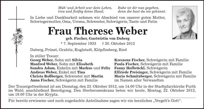 Traueranzeige Therese Weber