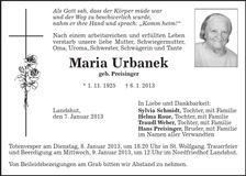 Traueranzeige Maria Urbanek