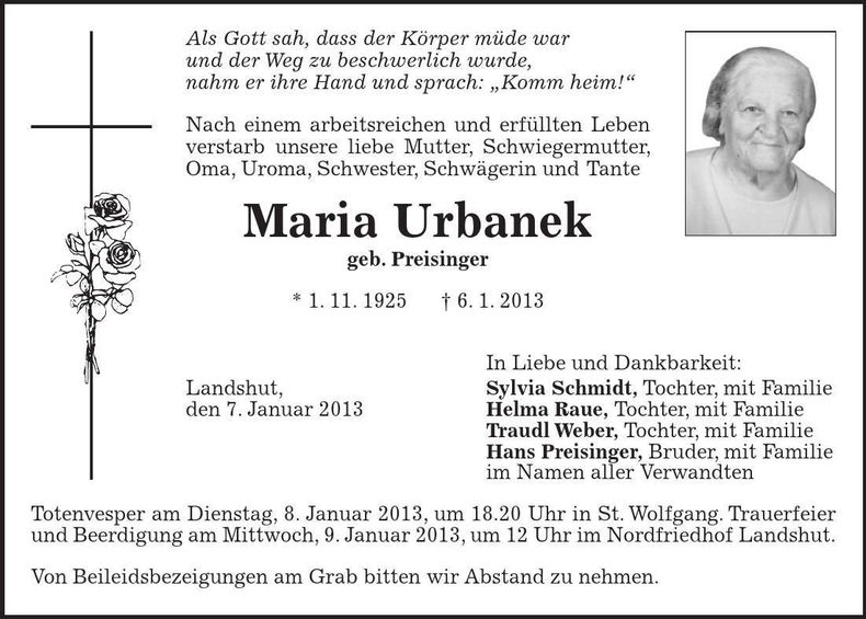 Traueranzeige Maria Urbanek