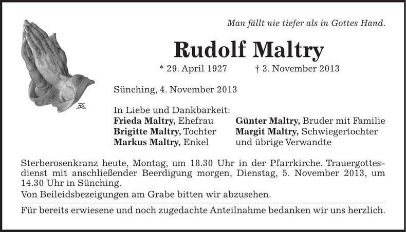 Traueranzeige Rudolf Maltry
