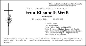 Traueranzeige Elisabeth Weiß