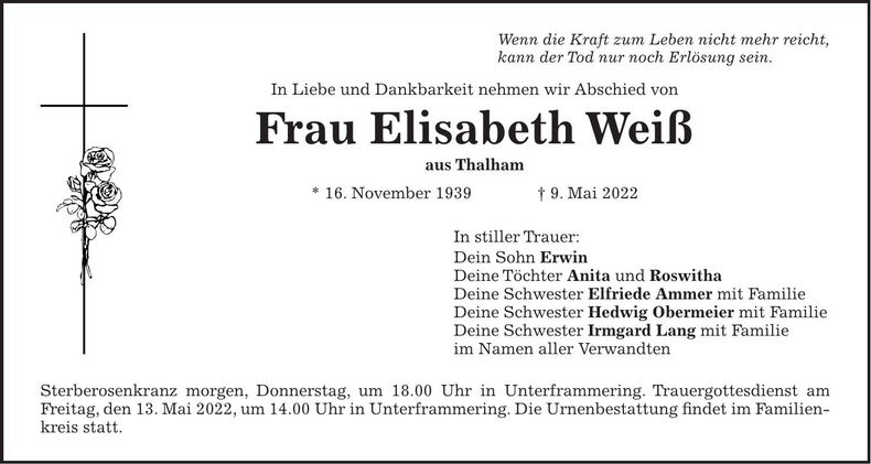 Traueranzeige Elisabeth Weiß
