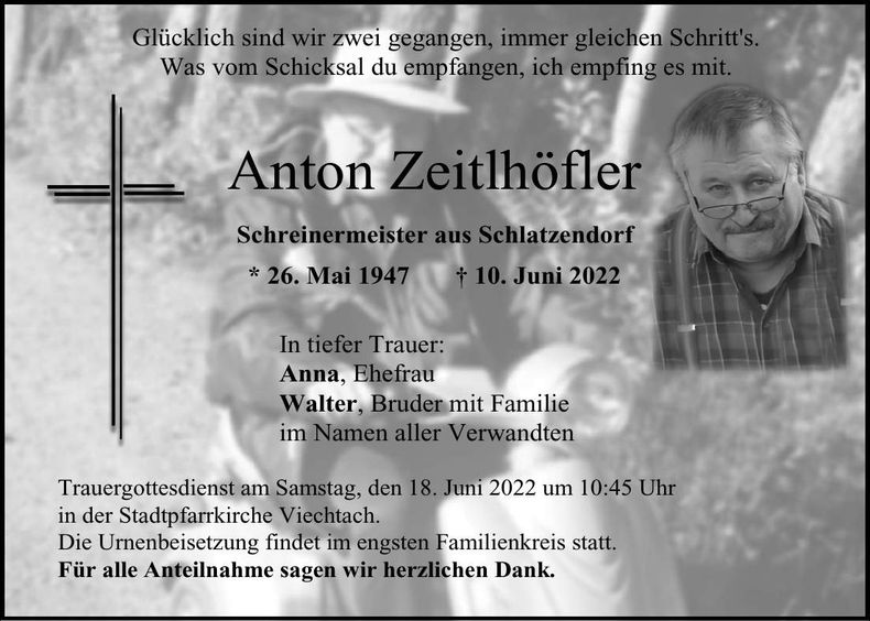 Traueranzeige Anton Zeitlhöfler