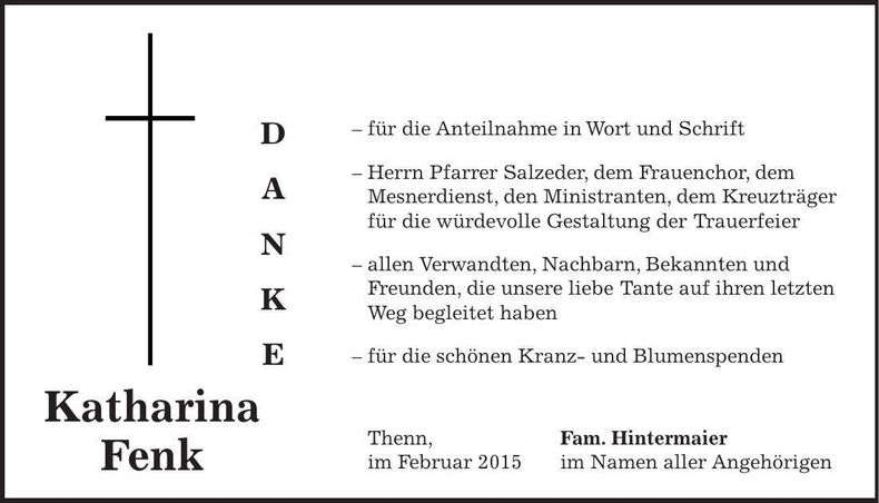 Traueranzeige Katharina Fenk