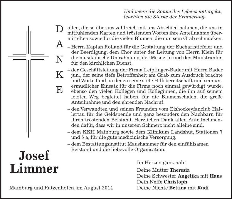 Traueranzeige Josef Limmer