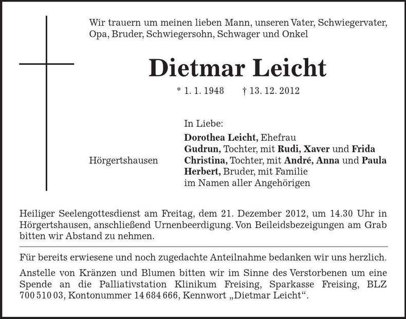 Traueranzeige Dietmar Leicht