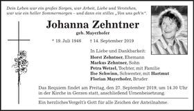Traueranzeige Johanna Zehntner
