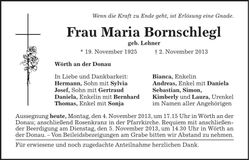 Traueranzeige Maria Bornschlegl