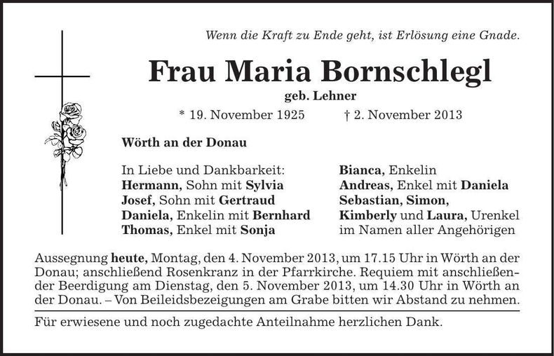 Traueranzeige Maria Bornschlegl