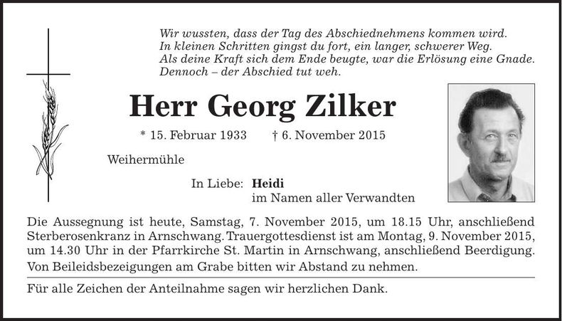 Traueranzeige Georg Zilker