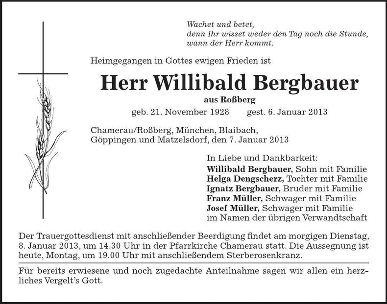 Traueranzeige Willibald Bergbauer