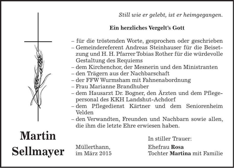 Traueranzeige Martin Sellmayer