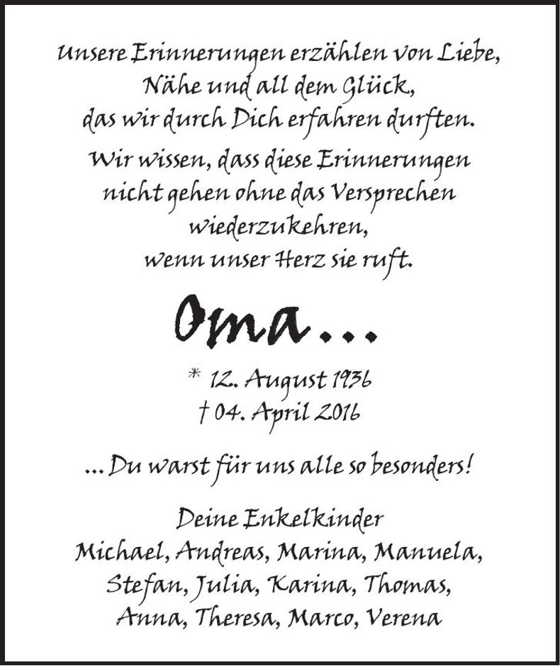 Traueranzeige Oma Schegerer