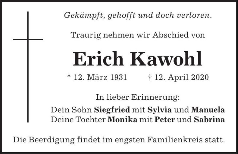 Traueranzeige Erich Kawohl