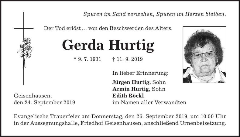 Traueranzeige Gerda Hurtig