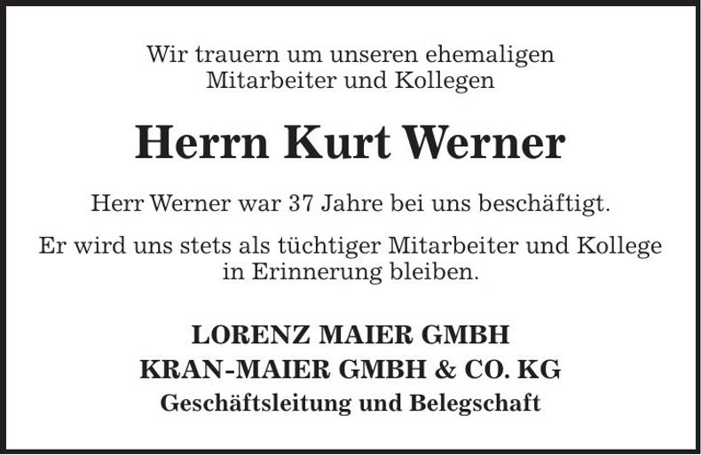 Traueranzeige Kurt Werner