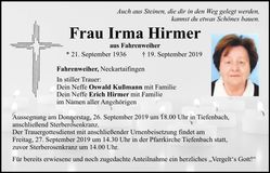 Traueranzeige Irma Hirmer
