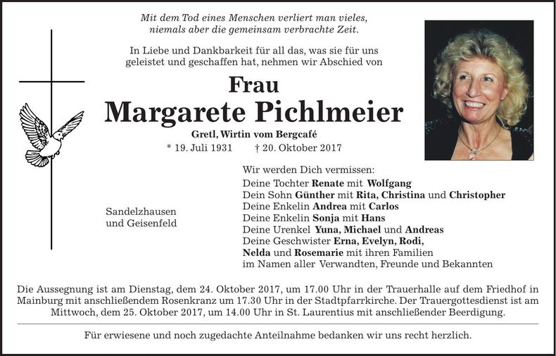 Traueranzeige Margarete Pichlmeier