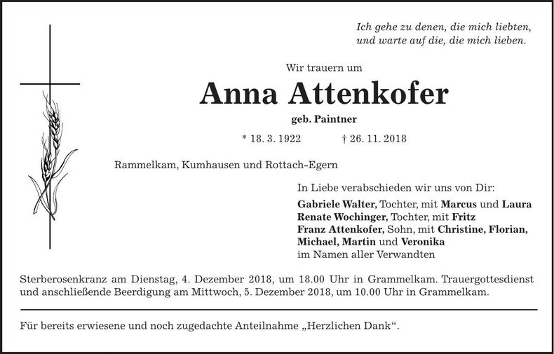 Traueranzeige Anna Attenkofer