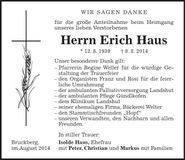 Traueranzeige Erich Haus