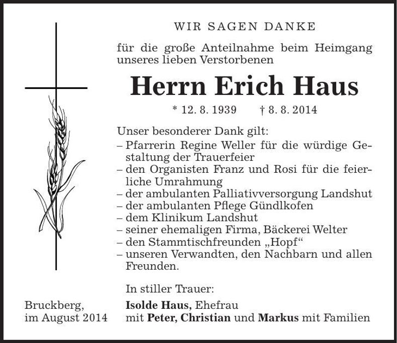 Traueranzeige Erich Haus