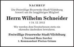 Traueranzeige Willhelm Schneider
