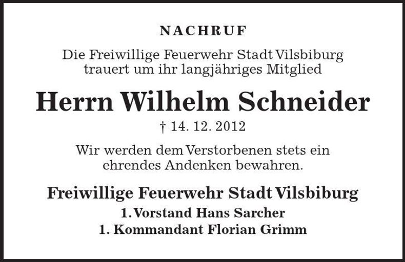 Traueranzeige Willhelm Schneider