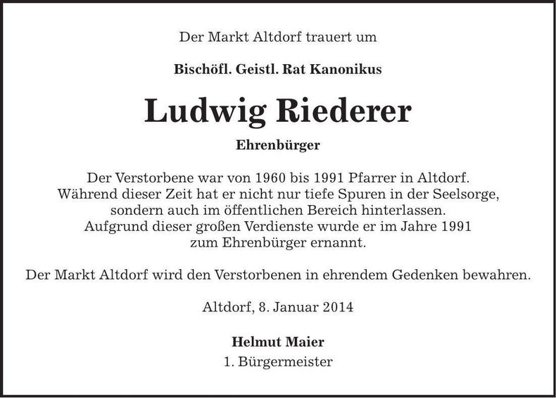 Traueranzeige Ludwig Riederer
