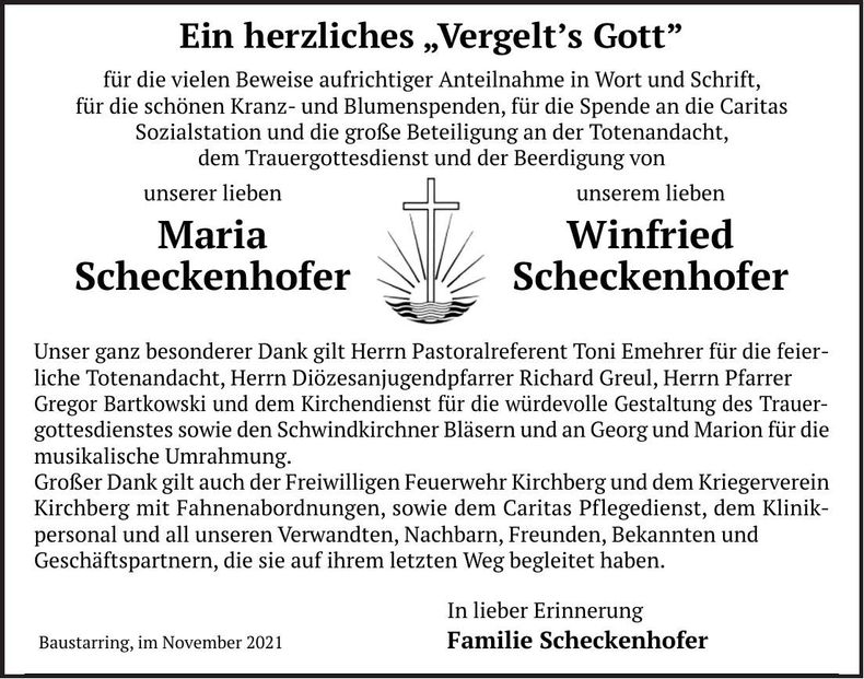 Traueranzeige Maria und Winfried Scheckenhofer