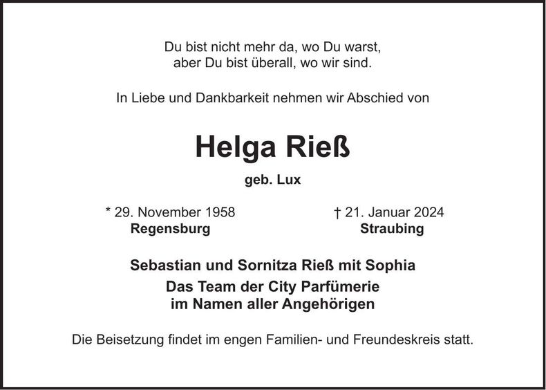 Traueranzeige Helga Rieß