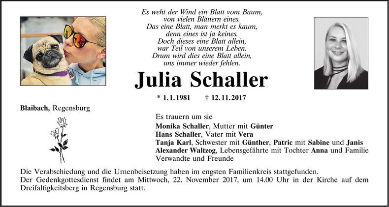 Traueranzeige Julia Schaller