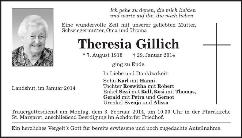 Traueranzeige Theresia Gillich