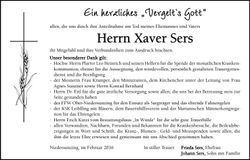 Traueranzeige Xaver Sers