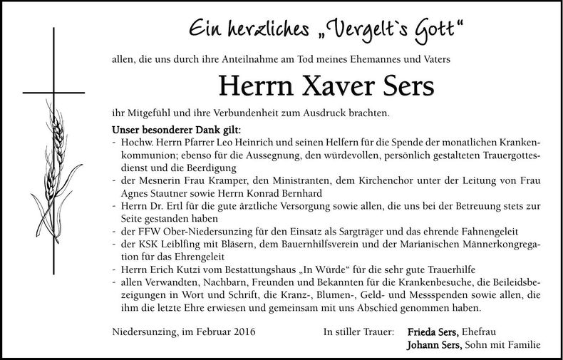 Traueranzeige Xaver Sers
